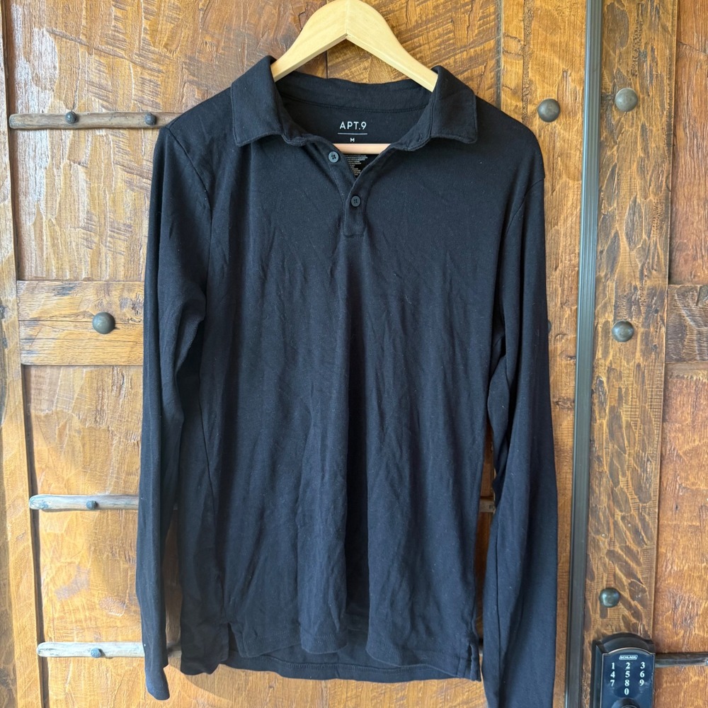 Apt.‎ 9 Polo Shirt Mens Medium Black Long Sleeve Premier Flex Jersey Knit Cotton
